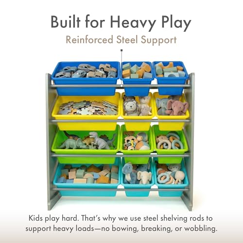 Humble Crew Toy Storage Organizer with 12 Removable Storage Bins for Kids Playroom, 4-Tier Toddler Toy Organization, Grey/Blue/Green/Yellow - color: Grey/Blue/Green/Yellow