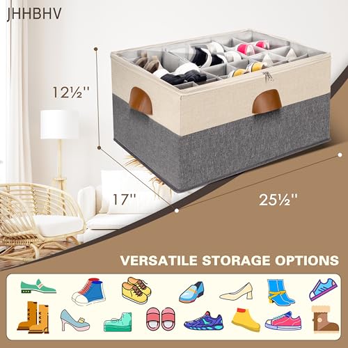2 Pack Shoe Organizer for Closet, Adjustable Shoe Box Storage Containers, Large Foldable Shoe Bins with Clear Cover, Space Saving Shoes Holder with 4 Handles, Fits 24-48 Pairs, Beige - color: Beige and Grey, size: (2 Pack) 25 ½"L x 17"W x 12 ½"H