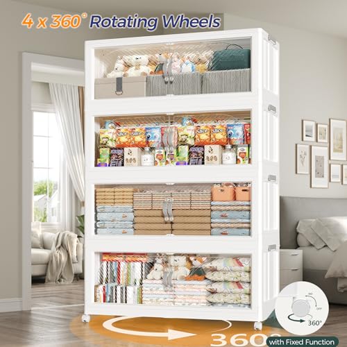 240QT Extra Large Stackable Storage Bins with Lid, 60Gal Plastic Closet Organizers and Storage Drawer, Collapsible Cabinet Box with Wheels Clear Doors for Home Kitchen Office, 4Pack White - size: 60QT, style: 4Pack