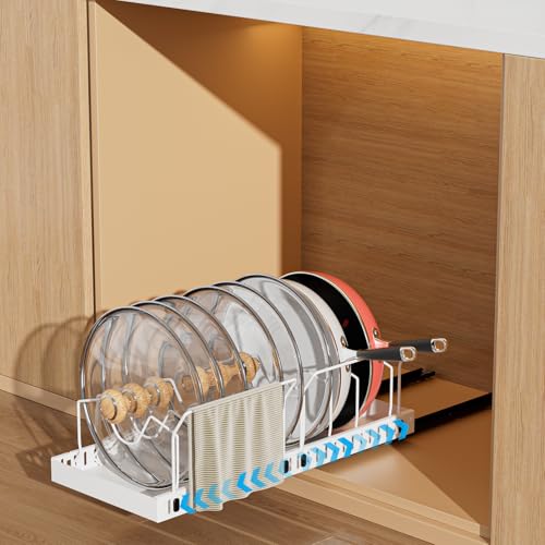 Pots and Pans Organizer Under Cabinet, Pull-out Pots and Pans Organizer, Under Cabinet Pot Lid Holder, Sliding type Pots and Pans Storage with 10 Adjustable Dividers & Handle Bracket - White - color: White, size: 10 Dividers-1 Pack