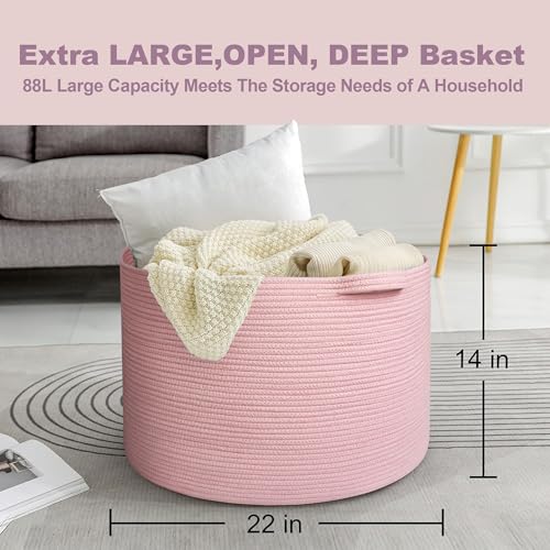 MEGASKET Extra Large Pink Basket, 22"x22"x14" Woven Cotton Rope Bin with Handles, Blanket Storage for Living Room, Baby Kids Toy Storage Bin Box, Wicker Laundry Basket, Pink Room Decor Organizing - color: Pink, size: 22"x22"x14"