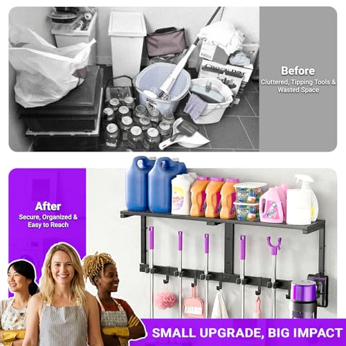 Heavy Duty Broom Holder Wall Mount with Cleaning Supplies Organizer, Space-Saving Laundry Room Organization and Storage Shelves, All-Metal Mop Hanger Broom Rack with Hooks, Garage Organizer Shelf - size: Medium-2