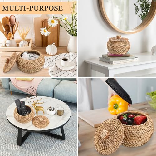 Hipiwe Round Rattan Basket Boxes With Lid Hand-Woven Wicker Storage Baskets Bin Decorative Basket Box Multi-Purpose Picnic Food Bread Basket Small Keys Basket Bowl for Entryway (X-Small,4.7"x3.3") - size: X-Small,4.7"x3.3"
