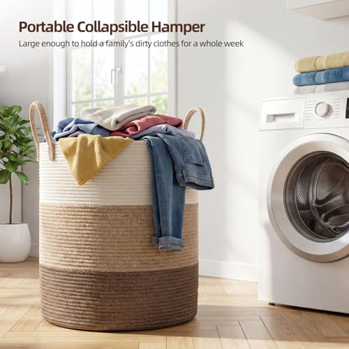 OIAHOMY Large Laundry Basket Hamper - 60L Cotton Rope Woven Basket for Blankets, Toys, Clothes - Tall Decorative Nursery Hamper with Long Handles, Gradient Brown - color: Gradient Brown, size: 60L
