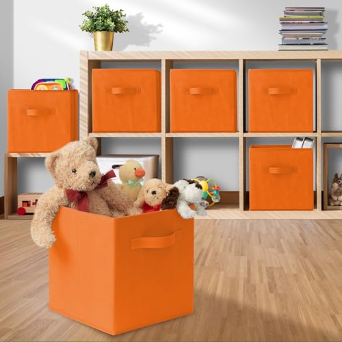 Casafield Set of 6 Collapsible Fabric Cube Storage Bins, Orange - 11" Foldable Cloth Baskets for Shelves, Cubby Organizers & More - color: Orange, size: 10.5" x 10.5" x 11"