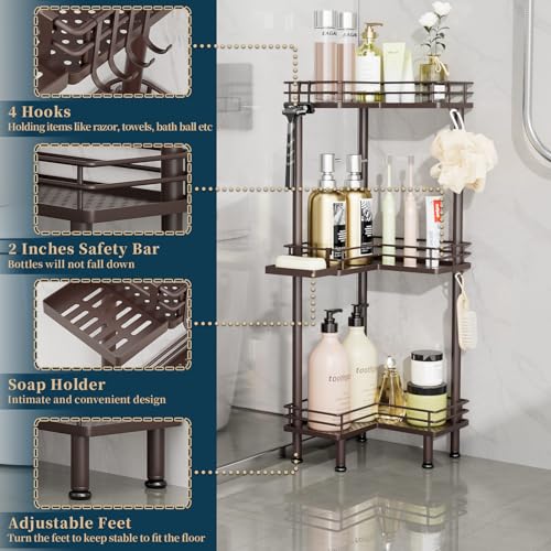 Consumest Corner Shower Caddy Standing - 3-Tier Stainless Steel Shower Organizer with Soap Holder and 4 Hooks, Large Capacity Corner Shelf Stand for Bathroom, Rest Room, Bronze - color: Bronze, size: 3 Tier