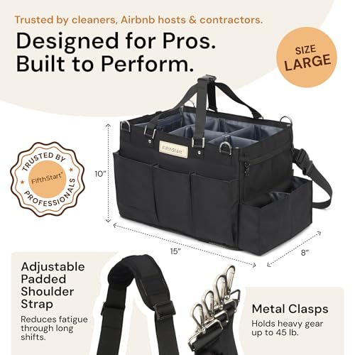 FifthStart Multiuse Cleaning Caddy w/Waist & Shoulder Strap - 9 Pockets Tote Bag for Housekeeping Gardening Fishing Bathroom Organizer Adjustable Compartments, Black Large Caddy Organizer with Handle - color: Black, size: Large