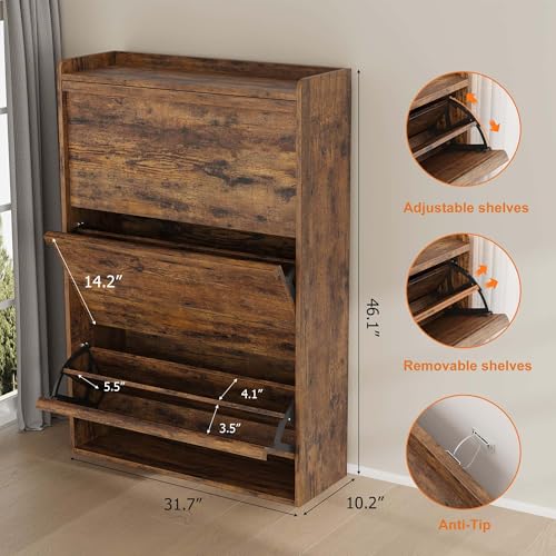 GarveeHome Shoe Cabinet with 3 Flip Drawers, Wooden Shoe Organizer Cabinet with Adjustable Shelf, Shoe Storage for Entryway, Hidden Shoe Cabinet for Hallway, Living Room, Rustic Brown - color: Rustic Brown, size: 3-Drawers