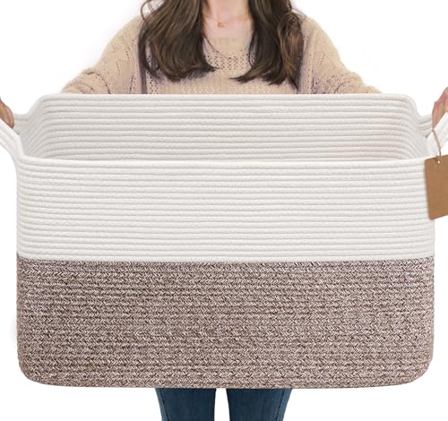 Goodpick Woven Storage Baskets for Organizing 22”x17”x12” Large Blanket Basket for Living Room Home Decor, Rope Nursery Toy Storage for Kids Baby Laundry Basket with Handles - color: Brown, size: 22"L x 17"W x 12"H