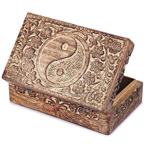 Ajuny Handcrafted Wooden Jewelry Box with Tai Chi Flower Carving – 8x5 Inch Treasure Chest for Keepsakes, Trinkets, Gifts, Decorative Storage Box for Men & Women, Home Organizer - style: Tai Chi