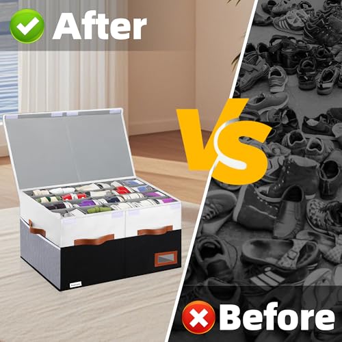 Supowin Shoe Organizer for Closet, Foldable Shoe Storage Bins with Lid & Adjustable Dividers, Fabric Shoe Box Storage Containers with Four Reinforced Handles, Fits 20 Pairs, 1 Pack, Black & White - color: Black & White, size: 26"L x 17"W x 13"H