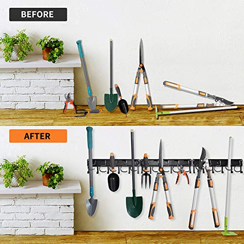YueTong All Metal Garden Tool Organizer,Adjustable Garage Wall Organizers and Storage,Heavy Duty Wall Mount Holder with Hooks for Broom,Rake,Mop,Shovel.(3 Pack) - size: 51" organizer