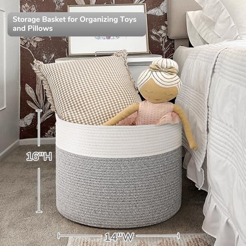 Goodpick Blanket Basket, 15.8"x15.8"x13.8" Woven Rope Basket for Blankets, Kids Toy Storage Organizer Bins, Toy Storage for Nursery, Light & Grey - color: Light Grey, size: 15.8x15.8x13.8 Inch (Pack of 1)