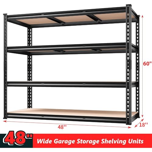 REIBII 48" W Garage Shelving Heavy Duty, 2000LBS Storage Shelves, 4 Tier Adjustable Metal Shelves for Garage Shelving Sturdy Industrial Shelf, Easy Assemble, 48" W x 60" H x 18" D - size: 48" W x 60" H x 18" D