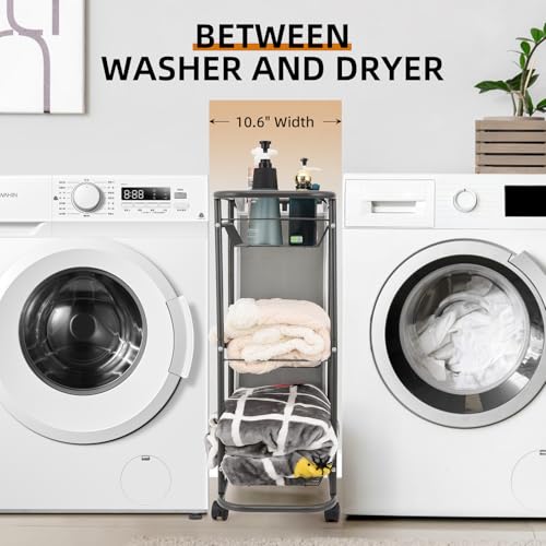 Rolling Laundry Sorter with 3 Storage Baskets and 45 L Bag, 3-Tier Laundry Caddy Between Washer and Dryer,Laundry Room Organization with Wheels and Handle for Narrow Space Bathroom Apartment Dorm - color: Grey