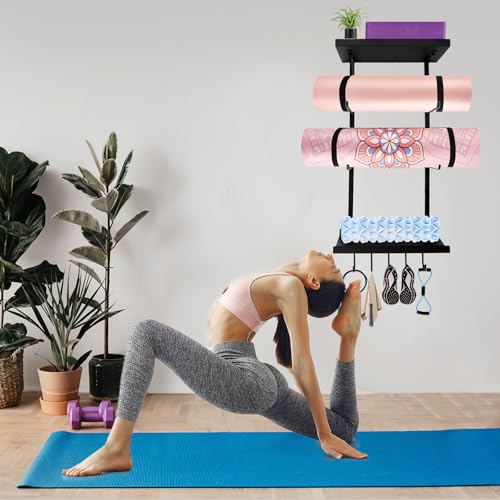 Yoga Mat Holder Wall Mount, Yoga Mats Rack with Double Floating Shelves, Yoga Accessory Storage Rack with 5 Hooks for Resistance Bands and Workout Equipment for Home Gym Storage, Black