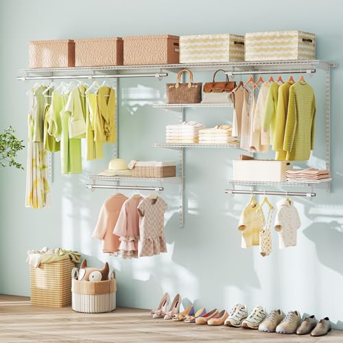 Tangkula 4 to 8 FT Custom Closet System, Wall Mounted Closet with Hanging Rod, Metal Hanging Storage Organizer Rack Wardrobe with Shelves, Adjustable Closet System Kit for Bedroom (White) - color: White, size: 4 to 8 FT