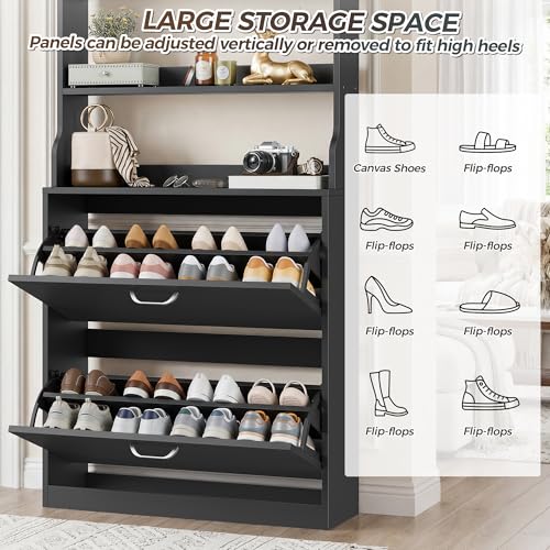 IRONCK Tall Shoe Cabinet with 2 Flip Drawers, Narrow Hidden Shoe Storage Cabinet with Shelves, Slim Freestanding Shoe Organizer for Entryway, Hallway, Black - color: Black