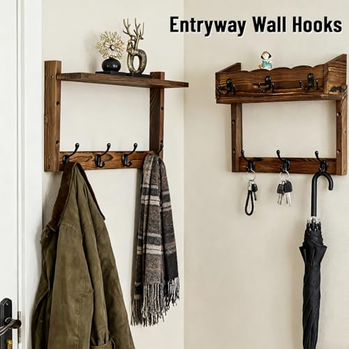 28" Coat Rack Wall Mount with Shelf, Entryway Key Holder Wall Mount Wood Wall Coat Hooks with 7 Hooks 3 Key Hanger, Wall Mounted Coat Rack Mail Holder for Living Room, Bedroom - color: Brown, size: 28 inch