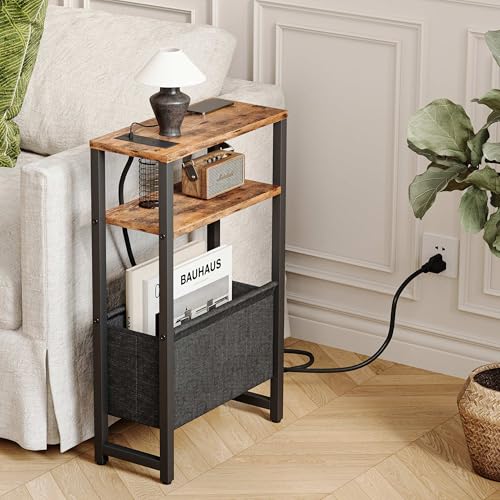 Narrow Side Table with Charging Station Slim End Table Sofa with Magazine Rack, Bedside Table for Small Spaces, 3 Tier Nightstand for Living Room Couch, Bedroom Rustic Brown LET503RE - color: Rustic Brown