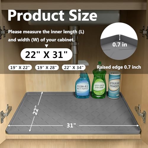Mateeylife Under Sink Mats for Kitchen Waterproof 31"X22", Undersink Protectors，Silicone Mat Cabinet Liner, Under Sink Organizer for Bathroom and Kitchen，Boot Tray Pet Food Mat, Dark Grey - color: Dark Grey, size: 22''W x 31''L