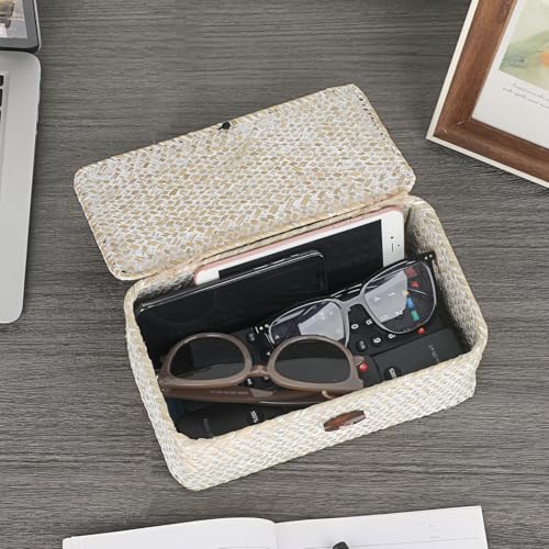 Sumnacon Wicker Basket with Lid Rectangle Woven Baskets for Toiletries Tampon Storage,Wicker Storage Basket with Lid,Decorative Seagrass Storage Baskets for Shelf Bathroom Toilet Table,Whitewash - color: Whitewash, size: X-Small