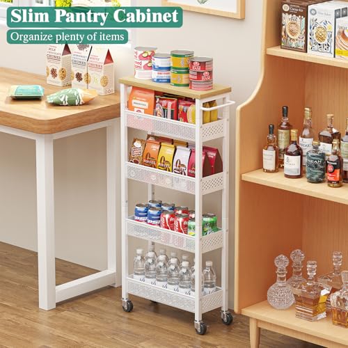 Giwil Slim Storage Cart 5 Tier Narrow Kitchen Rolling Cart on Wheels for Small Space, Metal Utility Cart Narrow Bathroom Storage Cabinet Mobile Shelf Unit Organizer with Wood Top and Handle, White - color: White, size: 5 Tier (W-7.1IN)