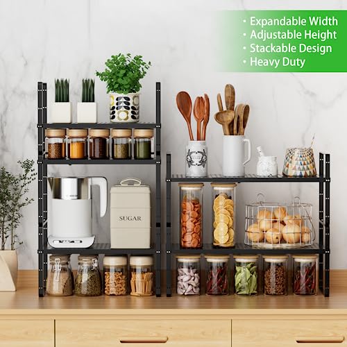 Expandable Cabinet Storage Shelf Stackable Organizer Rack for Kitchen Bathroom Pantry Spice Cupboard Coffee Countertop Home Office Desk Heavy Duty Nonslip Black Small 3 Packs - color: Black 3 Packs, size: Small - 8.1"W x (16.5"-27.1")L x 9.8"H