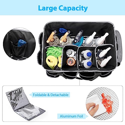 HODRANT Extra-Large Wearable Cleaning Caddy, Organizer Bag for Products, Housekeeper Tote With Pad, Handle & Divider, Car Wash Tools Bag for Detailing Supplies, Gray Edge - color: Black with gray edge