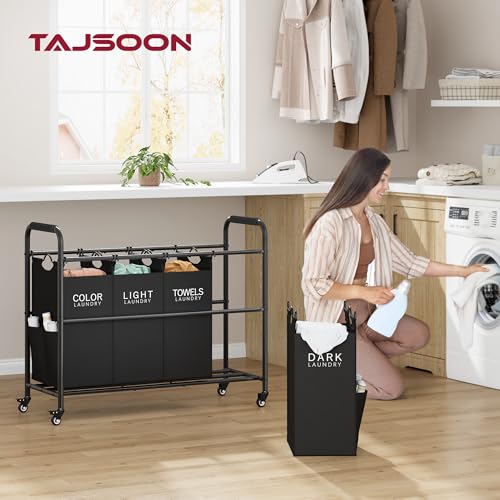 Tajsoon 4 Bag Laundry Sorter Cart, 4 Section Laundry Hamper Sorter with Heavy Duty Lockable Rolling Wheels, Laundry Separator Hamper with Removable Bags for Dirty Clothes Storage, Black - color: Black