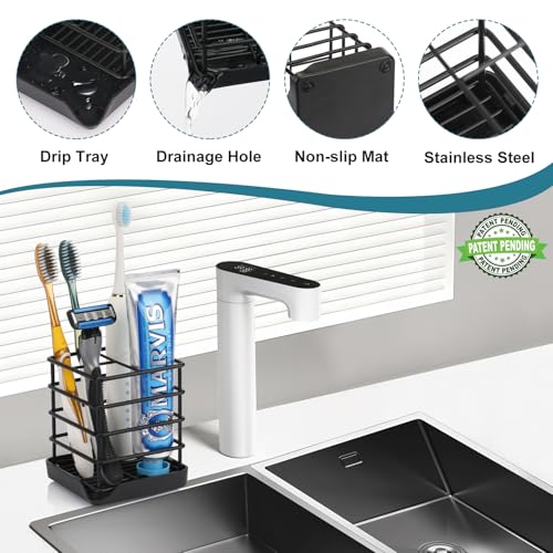 Toothbrush Holders for Bathrooms, Stainless Steel Bathroom Toothbrush Holder Kids Electric Tooth Brushing Holder Stand and Toothpaste Holder for Bathroom Accessories Organizer with Tray, Black (Small) - size: Small