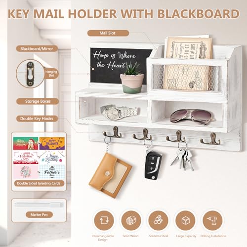 Key Holder Wall Mount, Wooden Mail and Key Organizer with Chalkboard and Mirror, 3 Greeting Cards, 8 Hooks, White - color: White