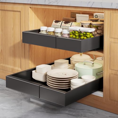 Seinloes 2 Pack Pull Out Cabinet Organizers 21" Deep With Raising Pad for Framed Cabinets, Expandable Width (9"-14") Slide Out Drawers Upgrade 3 Slide Rails, Roll Out Shelves Adhesive, Black - color: Black, size: 9"-14"Wide x 21"Deep(2 Pack)