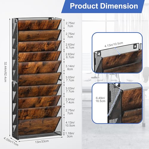 TQVAI 10-Tier Hanging Wall File Organizer - Folding Wall Mounted Mail Document Holder, Metal Clipboard Storage Rack for Office, Homeschool, Classroom Organization, Black/Vintage - size: 10 Tier