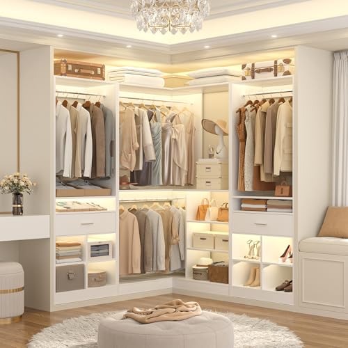 Unikito 86" Corner Closet System, Modular Closets Organizer with 4 Hanging Rods & Corner Tower, Freestanding L-Shaped Walk-In Wardrobe Organizer, Set of 3, White