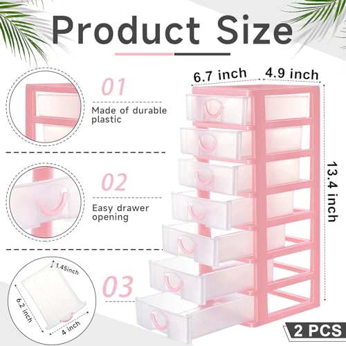 Thyle 2 Pcs Plastic Drawers Organizer Mini Organizer Stackable Plastic Clear Drawer Storage Box Containers Storage Units for Desktop Classroom Craft 6.7 x 4.9 x 13.4 inches(Pink) - color: Pink
