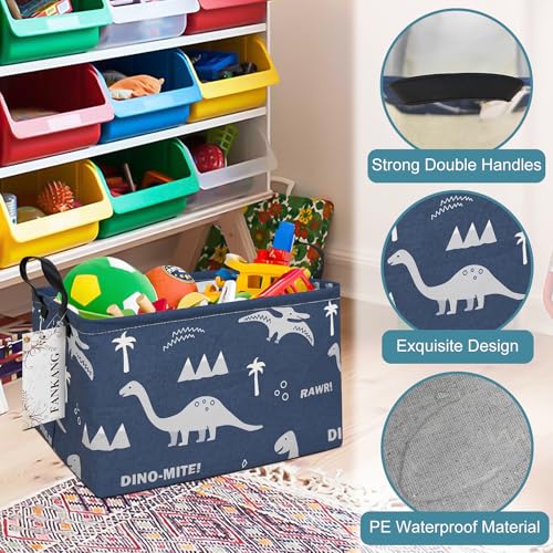 FANKANG Storage Bins, Nursery Hamper Canvas Laundry Basket Foldable with Waterproof PE Coating Large Storage Baskets for Kids Boys and Girls, Office, Bedroom, Clothes,Toys(Rec-Blue dinosaur） - color: Rec-Blue dinosaur