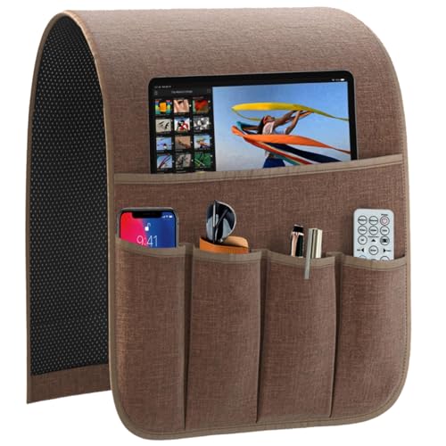 Armrest Organizer Non Slip Remote Control Holder Arm Chair Couch Caddy For Recliner Sofa Bedside With 5 Pocket Storage for Tablet Phone iPad (Coffee, W13" x L33") - color: Coffee, size: W13" x L33"