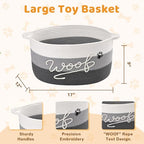 Woof Dog Toy Basket with Handles, Large Dog Toy Storage Bin with Paw Print, Woven Dog Basket for Blankets, Toys, Chews, Pet Toy Box for Nursery, Living Room, Bedroom, 17”x12”x9, Grey - color: Grey
