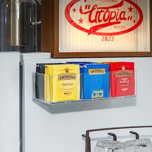 Tea Bag Organizer Holds up to 60 Tea Bags, Tea with 3 Compartments, Adhesive Wall Mount Tea Box Strong Tea bag Holder Hooks for Storage Cabinet and Kitchen Pantry Doors Transparent