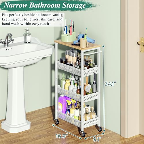 OKZEST Utility Slim Storage Cart, 4-Tier Narrow Bathroom Organizers and Storage Cart, Narrow Metal Kitchen Laundry Room Organization Shelf with Wood Top, Slim Rolling Carts with Wheels for Small Space - color: White, size: 9.1 inch wide