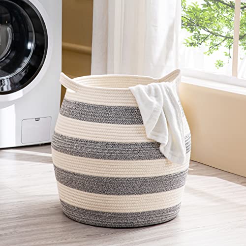 KAKAMAY Woven Baskets for Storage(17"x17"),Large Cotton Rope Basket Woven Baby Laundry Hamper,Collapsible Laundry Basket, Blanket Basket for Organizing Living Room,Nursery,Pillows,Toy Chest(Grey) - color: Grey and White