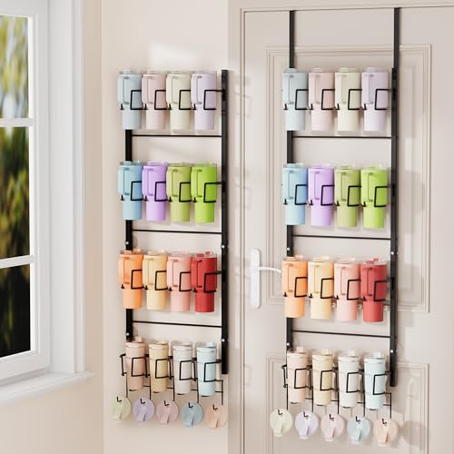SWTYMIKI 4-Tier Water Bottle Organizer - Over the Door Stanley Cup Holder - Cup Rack with Hooks for Door or Wall Mount Option- Tumbler Organizer Storage Display for Kitchen Dorm Office RV, Black - color: Black, size: 4-Tier