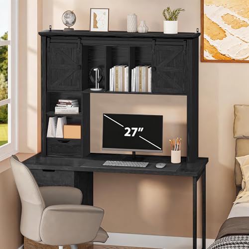 Large Desktop Bookshelf with Sliding Barn Door, 47.2''W Desk Shelf Display Rack, Desktop Organizer Storage Rack with 7 Cubbies and Drawer, Home, Desk Shelf for Office, Dorm, Vanity, Black - color: Black, size: 47.2''W