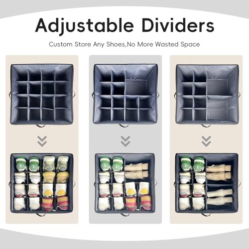 Shoe Organizer Box 2 Pack, Shoe Storage Organizer with Clear Cover, Adjustable Dividers Fits 16-32 Pairs, Fabric Shoe Organizer for Closet, Grey - color: 2 Pack -Grey