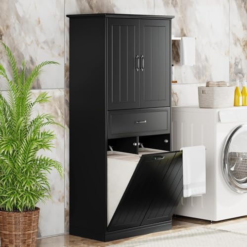 Virubi Tall Laundry Cabinet with 2 Tilt Out Laundry Hamper, Wood Bathroom Storage Cabinet with Doors,Drawers and Adjustable Shelves Freestanding (Black,30"x15.7"x65.8") - color: Black, size: 30"x15.7"x65.8"
