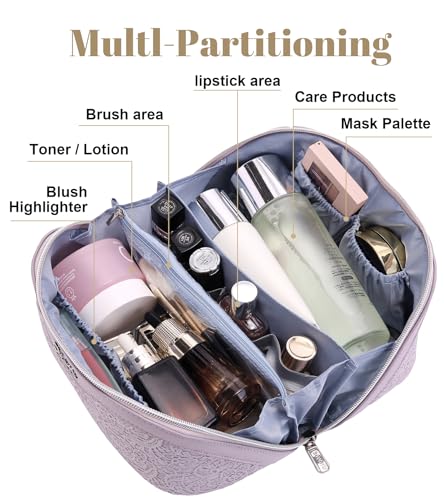 BOYATU Travel Makeup Bags Cosmetic Organizer Bag: 3-Set Large Capacity Make up Bag - PU Leather Toiletry Bags for Women - Wide Open Portable Pouch with Divider & Handle (A-Violet) - color: A-Violet