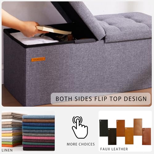 HAUSFRAU 31.5 Inches Ottoman with Storage, Folding Ottoman Bench Small Foot Rest Stool, Bedroom Bench with Flipping Lid, Linen Black - color: Black, size: 13"D x 31.5"W x 13"H