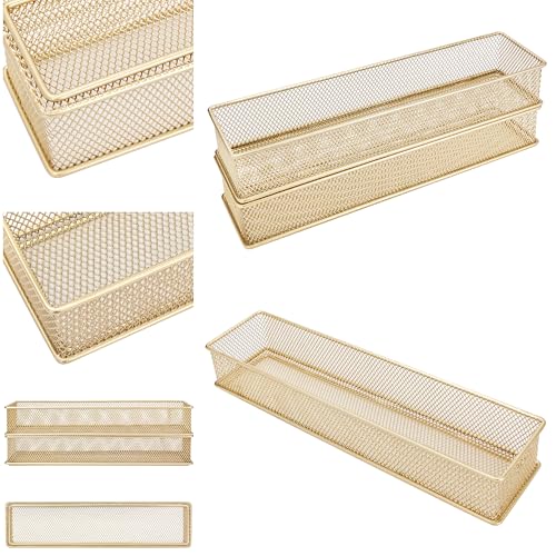 Annova Mesh Stackable Drawer Cabinet and Shelf Organizer Bins Storage Basket School Office Supply Holder Tray- Set of 2 (Gold, 3x12x2 Inch) - color: Gold, size: 3x12x2 Inch