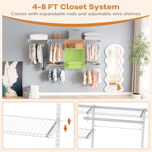 Giantex Closet Organizer System, Wall-mounted Custom Closet Kit w/Adjustable Storage Shelves, Wardrobe Clothes Rack w/Hanging Rods, Perfect for Coats, Pillows, Blanket (White, 98.5"x13.5"x48) - color: White, size: 98.5"x13.5"x48